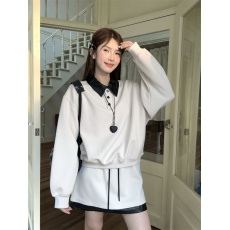 批发韩系简约撞色皮质拼接卫衣+松紧腰半身裙套装<b class='q'>气质</b>两件套女