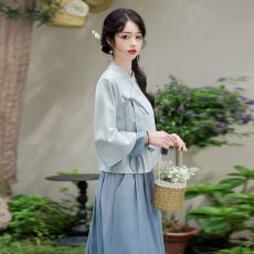 批发新中式国风改良旗袍鹿皮绒复古上衣半身裙两件套 兰藤