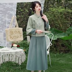 批发新中式国风改良旗袍鹿皮绒复古上衣半身裙两件套 翠竹 修改