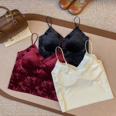 批发实拍大码春复古国风丝绒吊带背心免穿<b class='q'>文胸</b>带垫内衣内搭v领打底