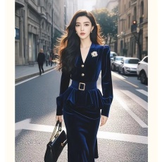 批发秋季穿搭2025欧货蓝色丝绒上衣半身裙盐系轻熟两件套装