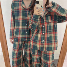 批发实拍实价韩版舒适棉保暖秋冬磨毛圣诞绿格纹家居服<b class='q'>睡衣</b>套装