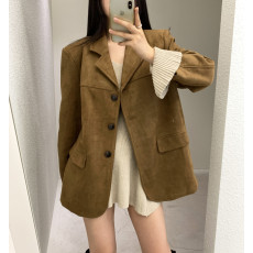 批发美式复古咖色鹿皮绒西装外套美拉德长袖西服女