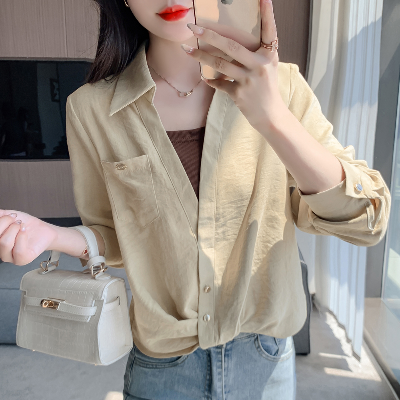 FA37198# 秋季女装新款时尚洋气假两件拼接长袖衬衫女设计感小众减龄上衣潮 服裝批發女裝批發服飾貨源
