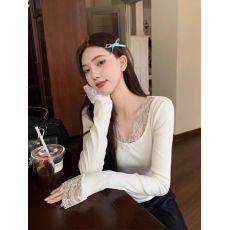 批发百合 已出货 罗纹 <b class='q'>蕾丝拼接</b>打底衫修身显瘦纯欲辣妹长袖