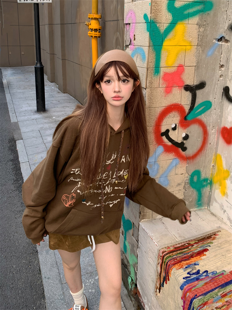 정가 실사 레트로 품격 디자인 센스 루즈핏 슬림해 보이는 캐주얼 털이 있는 풀오버 스웨트셔츠 여성 코트