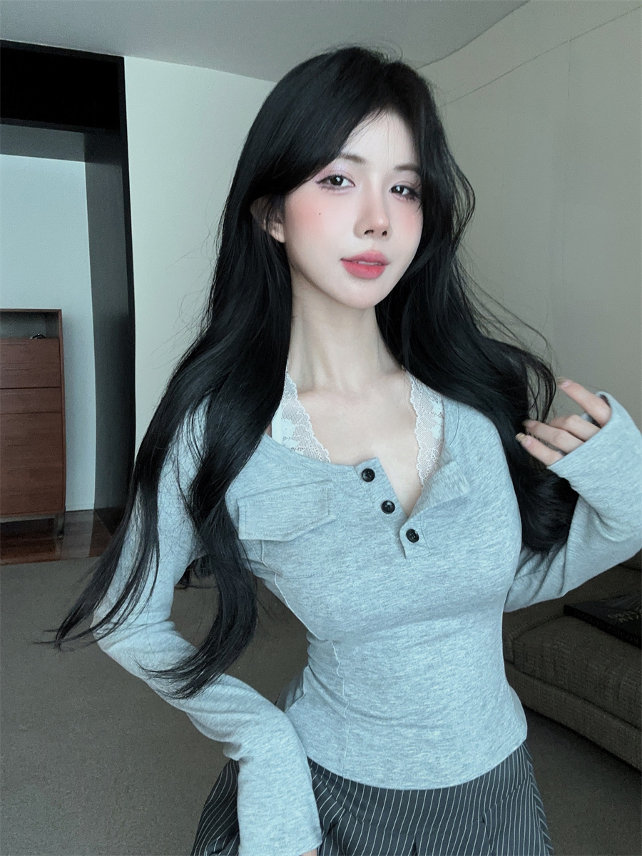 PF24162#辣妹纯欲小心机半开领挂脖蕾丝拼接吊带假两件长袖T恤女女裝女裝貨源服裝批發
