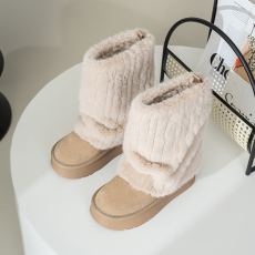 批发2024年10月冬季新款圆头毛毛保暖加绒加厚底雪地靴女