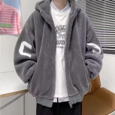 批发正羊羔绒夹棉 美式冬季羊羔毛外套字母潮刺绣保暖羔绒羊连帽毛绒