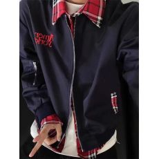 批发网图 hiphop春秋假两件外套男ins美式刺绣格子衬衫拼接宽松棒球服