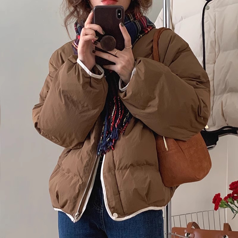 韩版chic百搭撞色包边无领面包服棉衣女冬季宽松加厚棉服棉衣外套