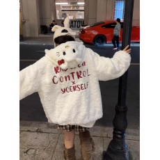 批发可爱kitty猫超厚羊羔毛外套女冬加绒宽松韩系日系软妹毛茸茸棉服