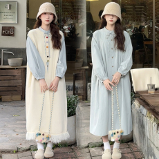 批发春装韩版大码女装慵懒风流苏背心裙+压褶系带衬衫<b class='q'>两件套</b>