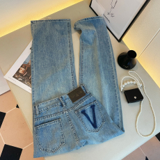 批发实拍冬加绒韩版设计撞色字母口袋高腰直筒宽松显瘦阔腿牛仔长裤女