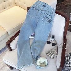 批发实拍韩版设计感数字印花秋冬加绒高腰直筒宽松窄版阔腿牛仔长裤女