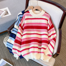 批发大码女装秋冬新款胖妹妹时尚宽松圆领设计感条纹遮肉针织毛衣