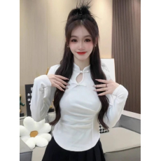 批发半高领新中式国风盘扣T恤打底衫女<b class='q'>春</b>季2024新款修身内搭长袖上衣