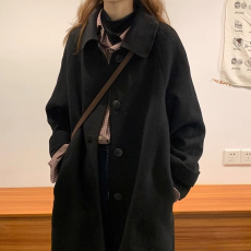 批发黑色呢子大衣女外套中长款2025新款秋冬韩系赫本风毛呢外套小个子