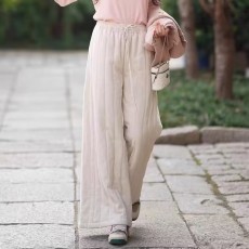 批发非实拍#纯色亚麻休闲阔腿棉裤女冬季外穿松紧腰宽松系带保暖裤子