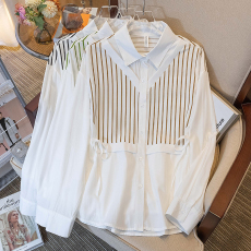 批发实拍大码女装2024秋季新款胖妹妹假两件条纹衬衫洋气减龄百搭上衣