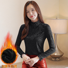 批发2026秋冬装新款加绒加厚蕾丝衫女长袖<b class='q'>打底衫</b><b class='q'>韩版</b>修身钉珠立领上衣