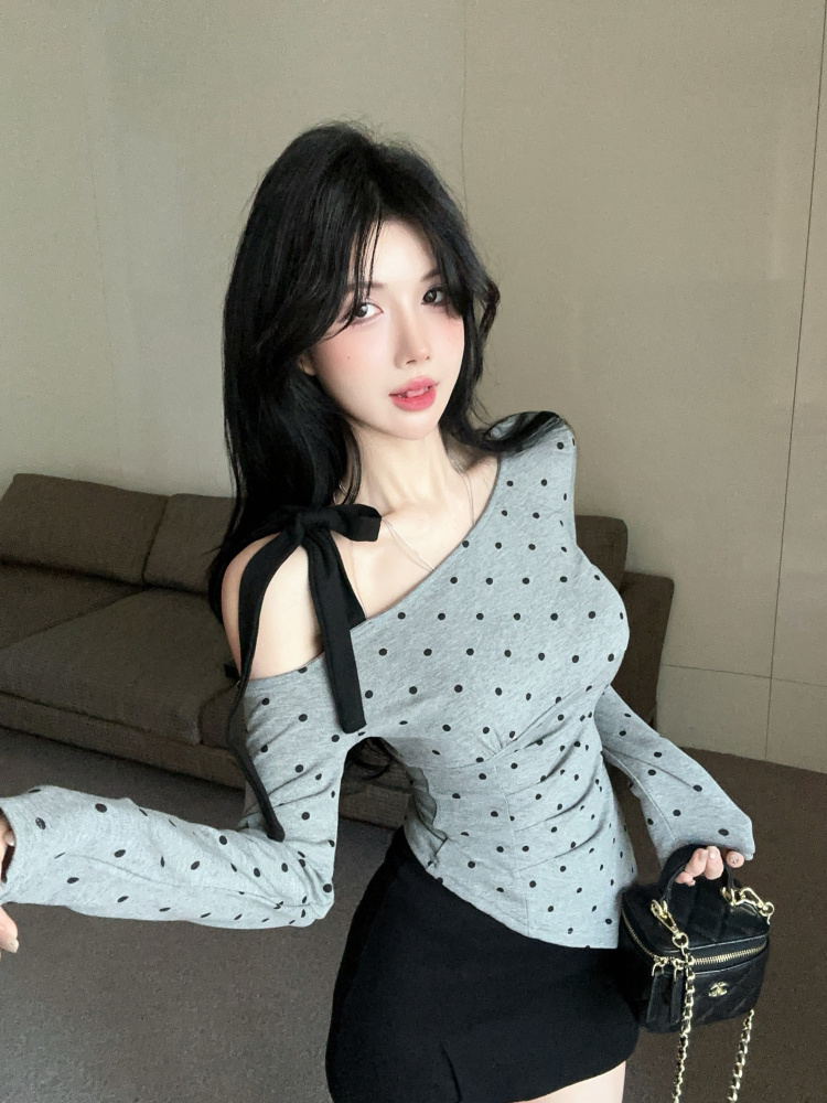 PF27342#新款波点纯欲辣妹露肩装不规则打底衫女裝貨源服裝批發