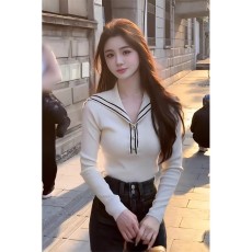 批发杏色海军领修身针织衫毛衣内搭打底衫高级感甜辣早秋chic上衣女款