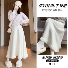 批发孕妇针织半身裙秋<b class='q'>冬</b>高腰无托腹显瘦设计感流苏中长款a字大摆伞裙