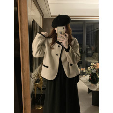 批发实拍有货 <b class='q'>大码</b>设计感气质小香风撞色双面羊绒百搭毛呢外套