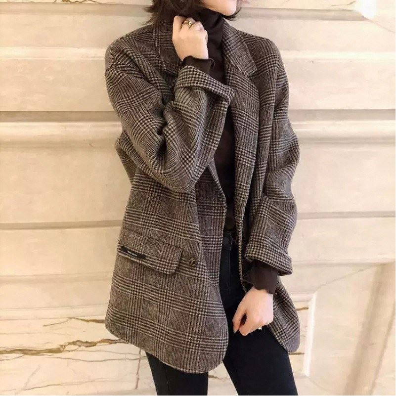 가을 겨울 의류 새로운 솜을 넣은 두꺼운 양면 양모 코트 작은 키 영국식 체크무늬 정장 자켓