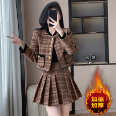 批发复古格纹气质垫肩毛呢小香风短外套女加<b class='q'>百褶</b><b class='q'>短裙</b>小个子套装