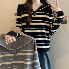 批发设计感海军领条纹长袖针织衫上衣大码女装微胖mm秋<b class='q'>冬</b>内搭毛衣