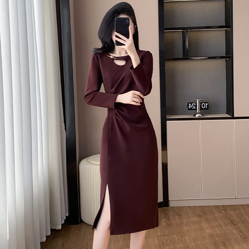 PF26307# 轻奢高级感连衣裙新款洋气质收腰显瘦开叉礼服裙子女裝貨源服裝批發