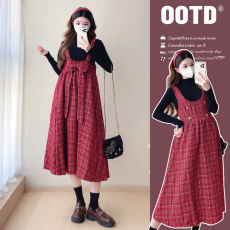 批发实拍新款孕妇宽松显瘦粗花呢蝴蝶结前后两穿针织打底毛衣两件套