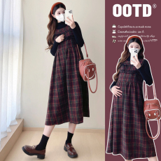 批发实拍新款孕妇秋<b class='q'>冬</b>格子毛呢文艺风针织毛衣打底两件套潮妈连衣裙