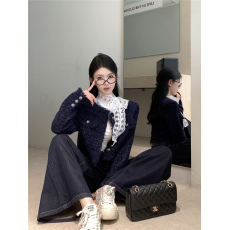 批发实拍复古性感小香风外套+蕾丝T恤内搭上衣+阔腿牛仔裤<b class='q'>套装</b>女