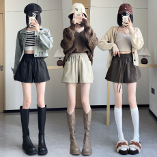 批发Pu皮短裤女2024秋冬新款高腰A字裤<b class='q'>宽松</b>阔腿显瘦外穿百搭鞋裤潮