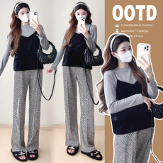 实拍2026春季新款新吊带衫两件套＋慵懒风斜条纹抽绳休闲裤拖地裤