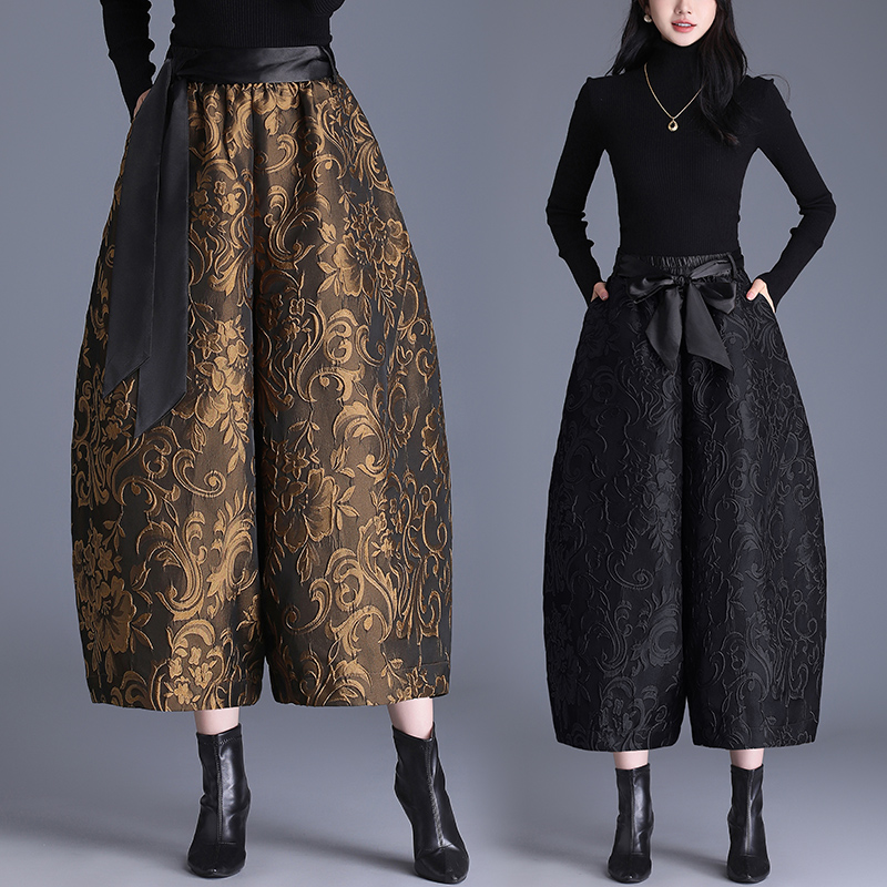 실사 고급 엠보싱 자카드 고치형 와이드 레깅스 바지 가을 겨울 새로운 털이 있는 빅 사이즈 캐주얼 9 포인트 배기 바지