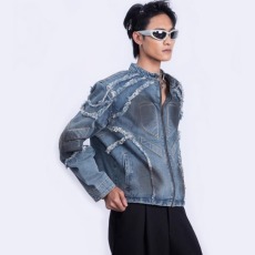 批发新款美式小众复古重磅流苏毛边垫肩机车夹克外套设计感短款上衣男