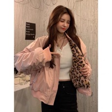 批发两面穿豹纹外套女秋冬季百搭宽松短款休闲加厚羊羔毛绒棒球服棉服