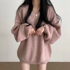 批发已出货 韩国chic秋冬中<b class='q'>长款</b>毛衣女v领套头宽松慵懒<b class='q'>针织衫</b>