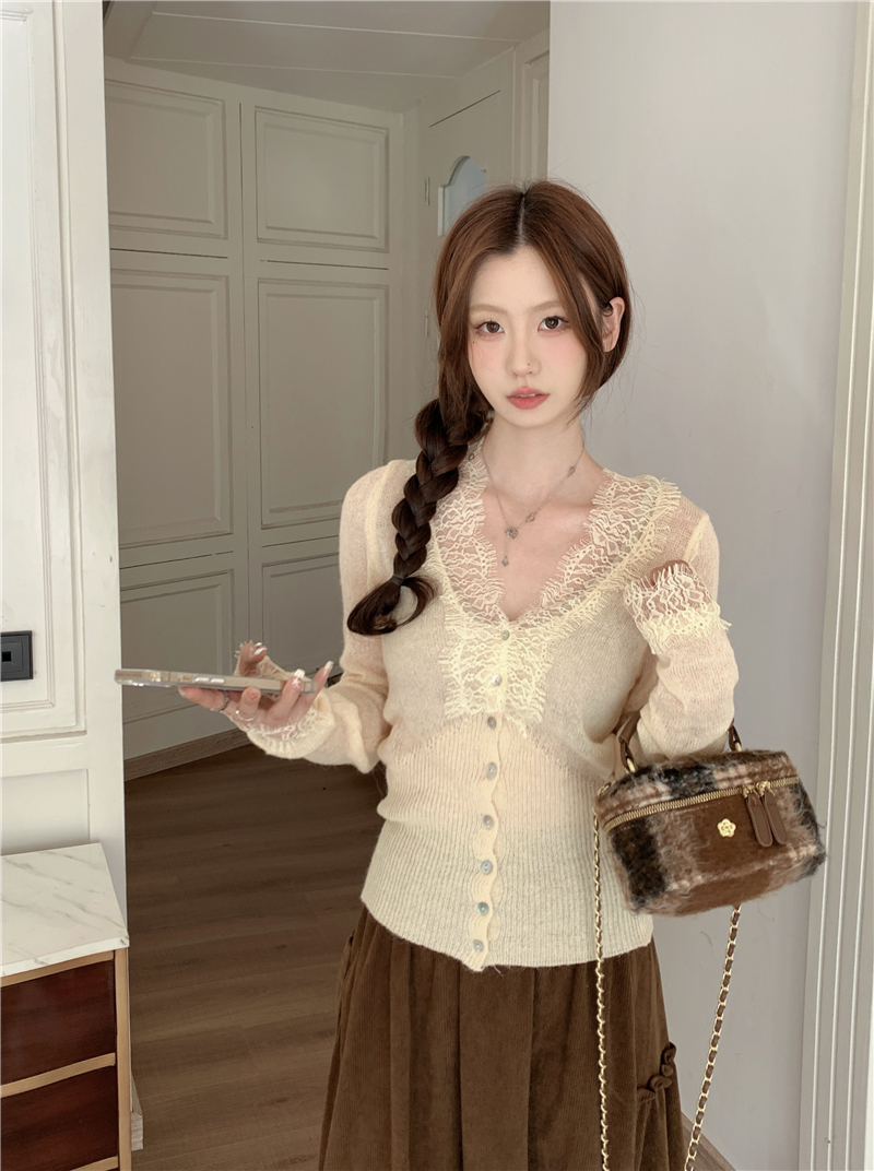 PF24180# 白色V领蕾丝拼接针织开衫女装新款修身毛衣外套短款上衣女裝女裝貨源服裝批發