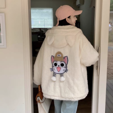 批发羊羔毛连帽外套女秋冬新款学生可爱加绒加厚棉服