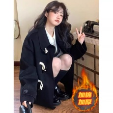 批发黑色短款牛角扣毛呢外套女2026新款秋冬季韩版宽松小个子加厚大衣