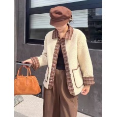 批发麂皮绒拼接格子衬衫领羊羔毛短外套女秋冬季新款宽松显瘦百搭上衣