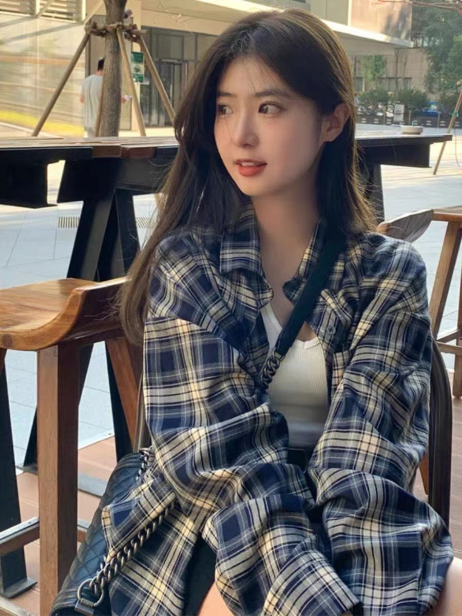 있음 선적 한국 대외 무역 원본 체크무늬 여성 셔츠 느긋한 바람 레트로 루즈핏 셔츠 카디건 코트 맨위
