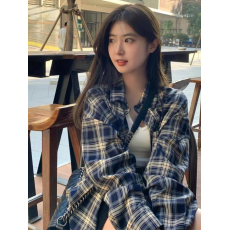 批发韩国外贸原版格子 格子衬衫女慵懒风复古宽松衬衣开衫外套上衣