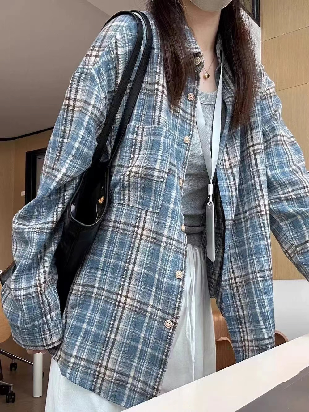 한국 대외 무역 원본 등 허리 패치워크 체크무늬 긴팔 여성 셔츠 가을 새로운 루즈핏 맨위 재킷 셔츠