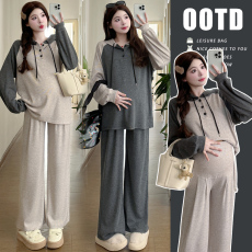 批发实拍2026孕妇慵懒风拼色连帽上衣春款显瘦<b class='q'>休闲</b>阔腿长裤两件套装